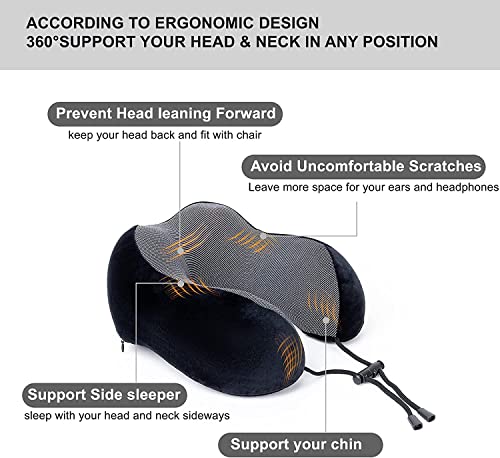 Golden Scute Travel Neck Pillow, Soft Travel Pillow For Airplanes 100% Memory Foam Airplane Pillow Travel Neck Pillow Sets For Airplane, Sleeping, Office, Neck Pain (Black)
