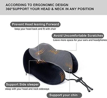 Golden Scute Travel Neck Pillow, Soft Travel Pillow For Airplanes 100% Memory Foam Airplane Pillow Travel Neck Pillow Sets For Airplane, Sleeping, Office, Neck Pain (Black)