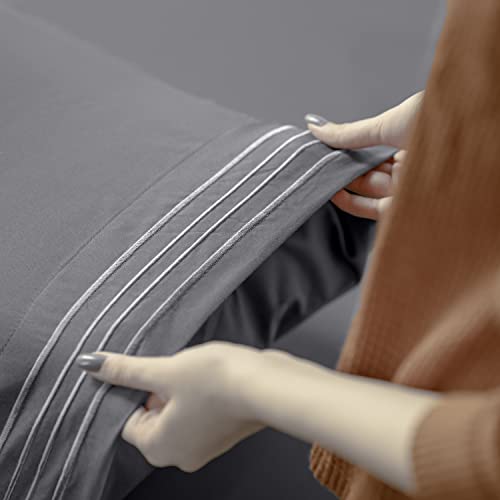  Queen Sheet Set – Soft Microfiber 4 Piece Luxury Bed Sheets With Deep Pockets - Embroidered Pillow Cases - Side Storage Pocket Fitted Sheet - Flat Sheet (Grey)