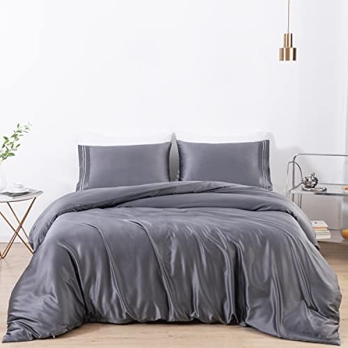  MISERRO Gray Duvet Cover Queen Size - Silky Soft For Hair And Skin Duvet Cover Set 3 Pieces With Zipper Closure, 1 Duvet Cover And 2 Pillow Shams
