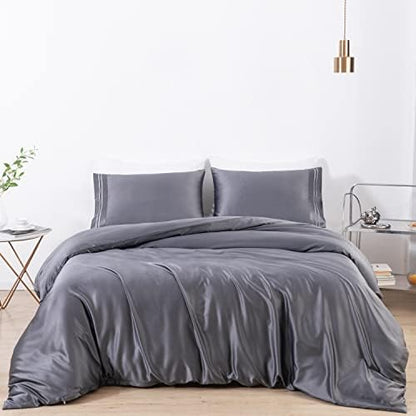  MISERRO Gray Duvet Cover Queen Size - Silky Soft For Hair And Skin Duvet Cover Set 3 Pieces With Zipper Closure, 1 Duvet Cover And 2 Pillow Shams