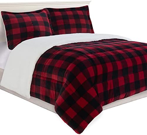  Elegant Comfort 3-Piece Buffalo Lodge-Plaid Comforter Set, Luxurious, Heavyweight, All Season, Down Alternative-Micromink Sherpa-Backing Reversible Micro-Suede, Soft And Plush, Queen, Gray/White