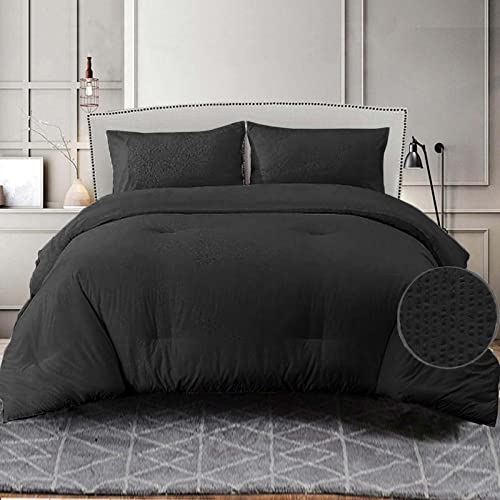  Nanko Seersucker King Comforter Set Black 3 PC All Season Reversible Down Alternative Quilted Duvet Insert, Microfiber Filling, Luxury Hotel Quality Bedding Sets In A Bag, Size 90 X 104 Inch