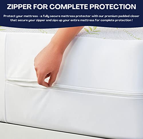  Bamboo Mattress Protector With Zipper - 100% Waterproof Queen Size Mattress Cover - Ultra Soft Jacquard Fabric Cooling Breathable Noiseless Mattress Pad Covers - Zippered Mattress Encasement