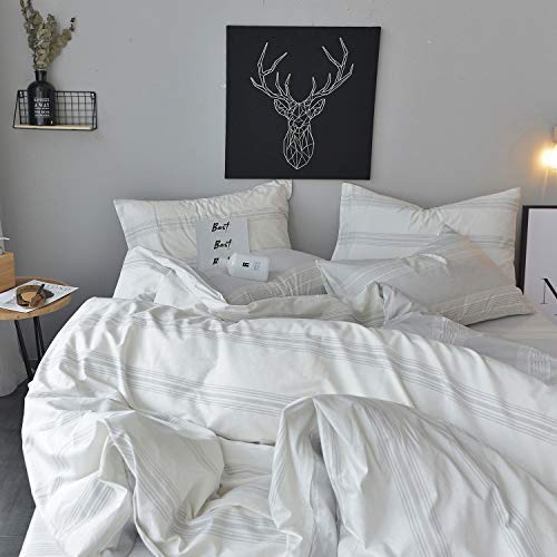  OREISE Duvet Cover Set King Size 100% Cotton White/Light Gray Printed Striped Style Reversible Design 3Piece Bedding Set (1 Duvet Cover + 2 Pillow Shams) With Zipper Closure Soft Breathable Luxury