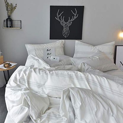  OREISE Duvet Cover Set King Size 100% Cotton White/Light Gray Printed Striped Style Reversible Design 3Piece Bedding Set (1 Duvet Cover + 2 Pillow Shams) With Zipper Closure Soft Breathable Luxury