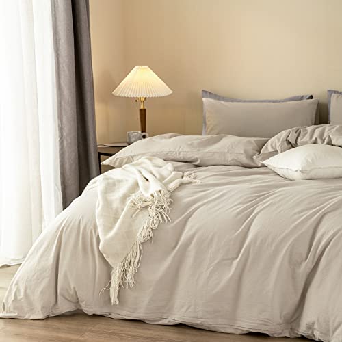 ELIMMO Duvet Cover Set Linen Texture 100% Cotton Fabric Durable Breathable Natural Dreamy Chic Feel (Beige Grey, Queen)