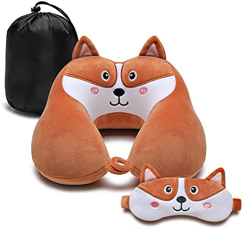  Travel Pillow For Kids And Adults, Cute Animal Memory Foam Neck Pillow With Soft Fleece Cover And Eye Mask Set, Airplane Pillow Travel Kit With Drawstring Organizer Bag, Machine Washable (Puppy)