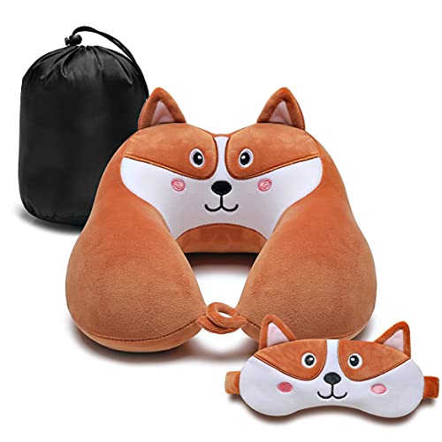  Travel Pillow For Kids And Adults, Cute Animal Memory Foam Neck Pillow With Soft Fleece Cover And Eye Mask Set, Airplane Pillow Travel Kit With Drawstring Organizer Bag, Machine Washable (Puppy)