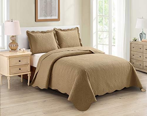  Better Home Style 3 Piece Luxury Ultrasonic Embossed Floral Design Solid Color Quilt Coverlet Bedspread Oversized Bed Cover Set # Mimi (Sage Green, King/Cal-King)