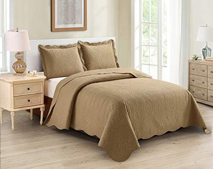  Better Home Style 3 Piece Luxury Ultrasonic Embossed Floral Design Solid Color Quilt Coverlet Bedspread Oversized Bed Cover Set # Mimi (Sage Green, King/Cal-King)
