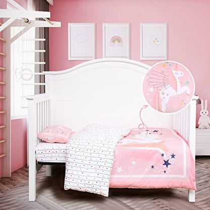  5 Piece Crib Bedding Set For Girls Unicorns Baby Girl Bedding Crib Set Nursery Bedding Sets - Crib Quilt Crib Sheet Pillowcase Crib Skirt Diaper Stacker