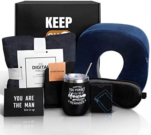  Get Well Soon Gifts Basket, After Surgery Care Package For Men, Curated Birthday Gifts With Memory Foam Pillow, Plush Blanket, Insulated Tumbler, Eye Mask, Socks, Game Cards, Greeting Card (Black)