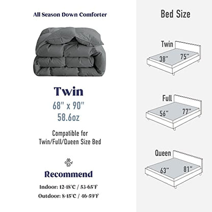  Puredown® Goose Feather Down Comforter Twin Size, All Season Medium Warmth Duvet Insert, Luxury Hotel Collection Bedding Comforters, Ultra Soft 100% Cotton Cover Shell(68x90,Dark Grey)