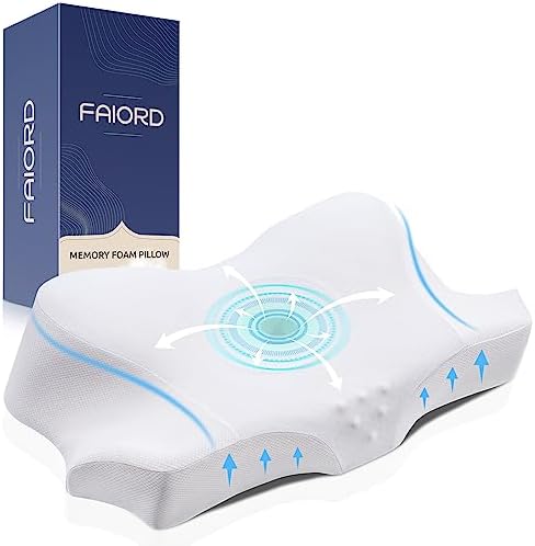  FAIORD Memory Foam Cervical Neck Pillow, Cervical Pillow For Neck Pain Relief, Orthopedic Ergonomic Contour Shoulder Support Pillow For Side, Back & Stomach Sleepers With Breathable Cooling Pillowcase