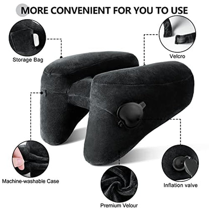 Neck Pillow For Travel Inflatable Airplane Pillow Comfortably Supports Head, Neck And Chin, Inflatable Travel Pillow With Soft Velour Cover And Portable Drawstring Bag (Black)