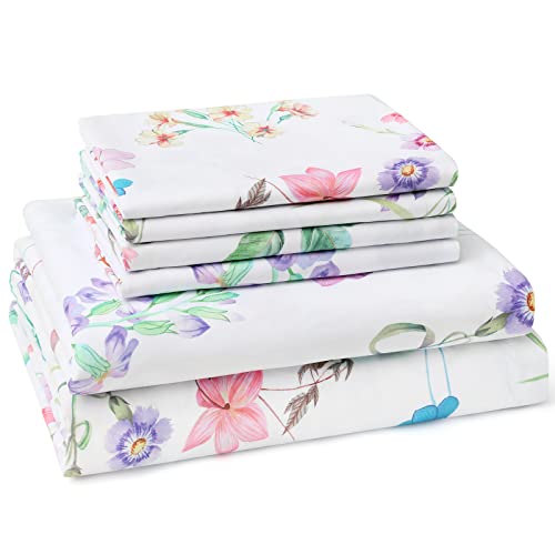  BYSURE Pastel Floral Printed Sheets Set 6 Pieces (Queen Size, Pastel Flower), 15 Inch Deep Pocket Cottage Core Botanical Pattern Sheets, Wrinkle & Fade Resistant Microfiber Bedding
