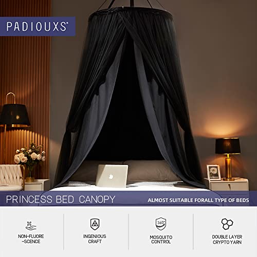  Padiouxs Luxurious Canopy Bed Curtains For Girls, Adults,Children Double Layers Princess Bed Canopy- Round Dome Lace Princess Mosquito Bedding Net For Twin Full Queen King Size(Black)