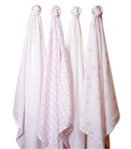  SwaddleDesigns Cotton Muslin Swaddle Blankets, Set Of 4, Pastel Pink Butterflies And Posies, 46x46 Inch (Pack Of 4)