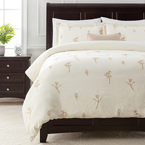  Floral Leaf Embroidered Queen Size Duvet Cover - 3-Piece Bedding Set - Vintage Luxury Textured Washed Microfiber Lightweight Super Soft Elegant Boho Chic Cottagecore Comforter Cover - Cream