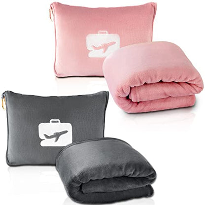  EverSnug Travel Blanket And Pillow Value Bundle - 2 In 1 Airplane Blanket With Soft Bag Pillowcase, Hand Luggage Sleeve And Backpack Clip | Color Includes Pink & Grey