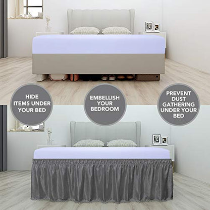  Satin Silk Pom Pom Wrap Around Bed Skirt With Adjustable Elastic Belt - 16 Inch Drop Easy To Put, Wrinkle Free Dust Ruffles, Bed Frame Cover For Twin, Twin XL And Full Size Beds, Dark Gray