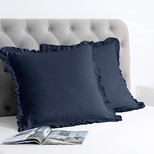  PHF 100% Linen Euro Sham With Ruffle, 26" X 26", Set Of 2, No Insert, Washed Soft French Flax Euro Throw Pillow Covers, Ultra Breathable Durable Comfy Euro Shams For Bed Couch Sofa, Linen