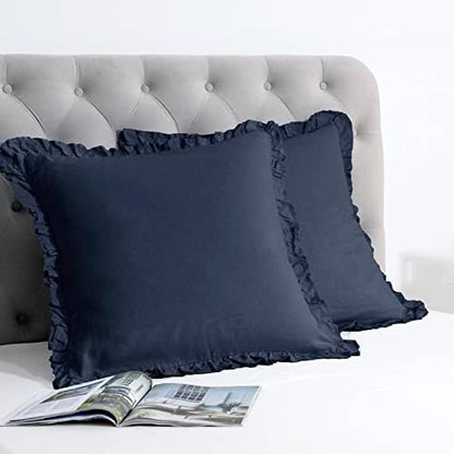  PHF 100% Linen Euro Sham With Ruffle, 26" X 26", Set Of 2, No Insert, Washed Soft French Flax Euro Throw Pillow Covers, Ultra Breathable Durable Comfy Euro Shams For Bed Couch Sofa, Linen