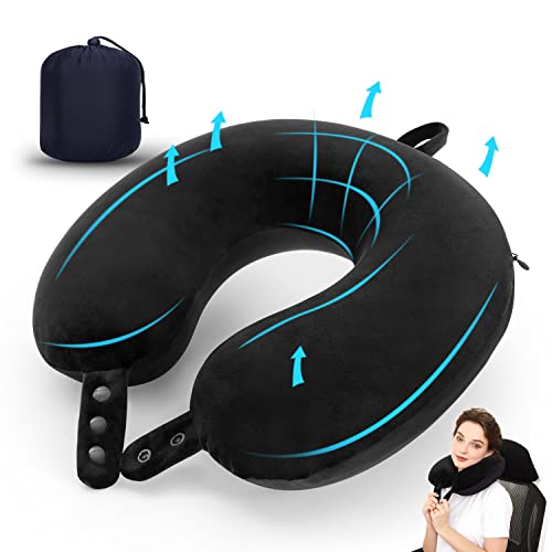 Travel Neck Pillow, Best Memory Foam Airplane Pillow For Head Support Soft Adjustable Pillow For Plane, Car & Home Recliner Use (Black)