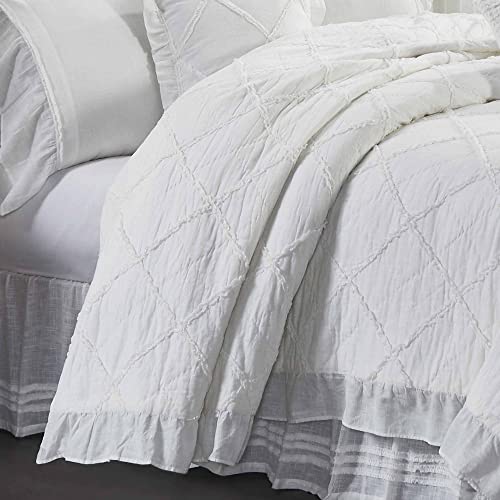 Kathryn California King Ruffled Bed Skirt W/ A 16" Drop, Soft White Linen-Look Textured Fabric, Gathered Vintage Farmhouse, Country Cottage Bedding