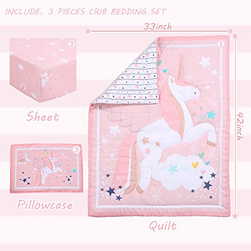  UOMNY Crib Bedding Set For Girls - Pink Baby Nursery Bedding Sets 3 Pieces Crib Quilt Comforter Fitted Crib Sheet Toddler Pillowcase Soft Star Baby Bedding Set