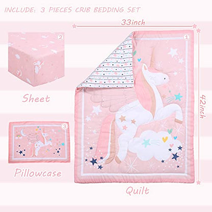  UOMNY Crib Bedding Set For Girls - Pink Baby Nursery Bedding Sets 3 Pieces Crib Quilt Comforter Fitted Crib Sheet Toddler Pillowcase Soft Star Baby Bedding Set