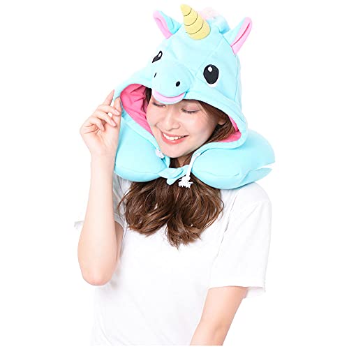  SAZAC Animal Neck Support Pillow - Soft, Cozy Travel Cushion With Adjustable Toggle - Attached Hood For Warmth And Privacy - Authentic Japanese Kawaii Design - Premium Quality (Blue Unicorn)