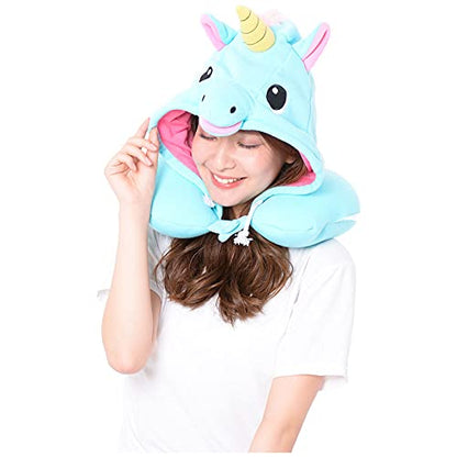  SAZAC Animal Neck Support Pillow - Soft, Cozy Travel Cushion With Adjustable Toggle - Attached Hood For Warmth And Privacy - Authentic Japanese Kawaii Design - Premium Quality (Blue Unicorn)