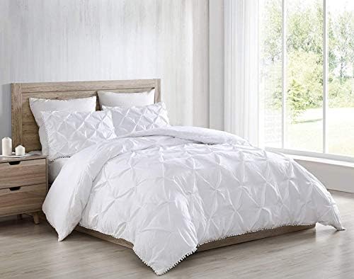  Chezmoi Collection Natalia 3-Piece Pom Poms Fringe Pinch Pleat Duvet Cover Set - Hypoallergenic Soft Washed Microfiber Comforter Cover With Button Closure And Corner Ties - Queen, Purple