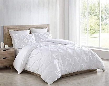  Chezmoi Collection Natalia 3-Piece Pom Poms Fringe Pinch Pleat Duvet Cover Set - Hypoallergenic Soft Washed Microfiber Comforter Cover With Button Closure And Corner Ties - Queen, Purple