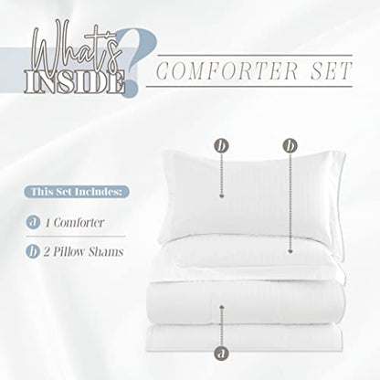  Elegant Comfort Premium Hotel Quality 1200 Thread Count 100% Egyptian Cotton, 3-Piece Stripe Down Alternative Cotton Comforter Set - Box Stitched - Duvet Insert With 4 Corner Tabs, Full, White