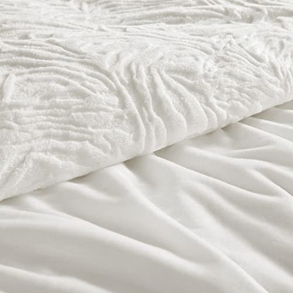  TILLYOU White Fluffy Duvet Cover Queen Set, Ultra Soft Shaggy Comforter Set Milk Crystal Velvet Bedding Faux Fur Plush Fuzzy Comforter Cover, 3 Pieces (1 Duvet Cover + 2 Pillow Shams)