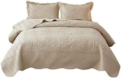  MarCielo 3-Piece 100% Cotton Oversized Bedspread Set Coverlet Set Lightweight Quilt Set Embroidery Farmhouse Bedding Set (Natural Beige, King (118"x106"))