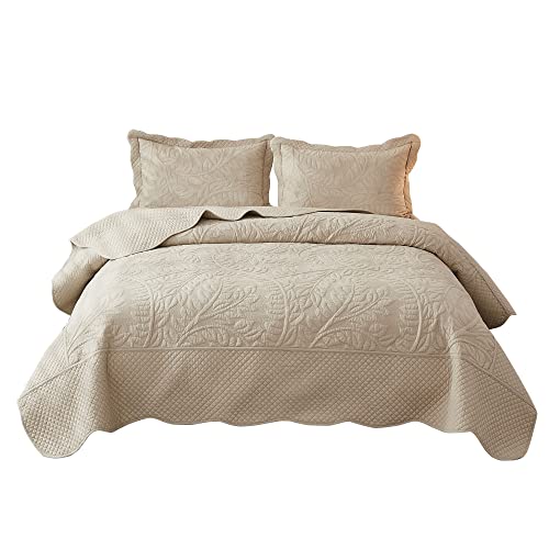  MarCielo 3-Piece 100% Cotton Oversized Bedspread Set Coverlet Set Lightweight Quilt Set Embroidery Farmhouse Bedding Set (Natural Beige, King (118"x106"))