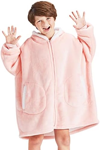  FAYBOX Wearable Blanket Hoodie With Zip For Kids,Fuzzy Warm Sherpa Comfy Oversized Hoodie Blanket Plush Sweatshirt-Light Grey