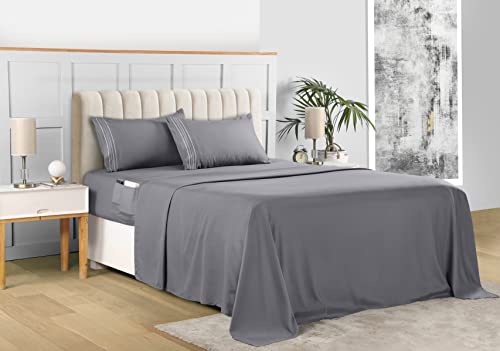  Queen Sheet Set – Soft Microfiber 4 Piece Luxury Bed Sheets With Deep Pockets - Embroidered Pillow Cases - Side Storage Pocket Fitted Sheet - Flat Sheet (Grey)