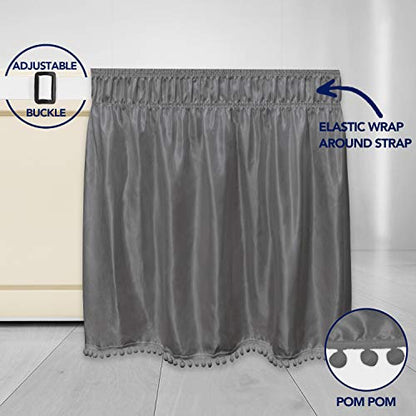  Satin Silk Pom Pom Wrap Around Bed Skirt With Adjustable Elastic Belt - 16 Inch Drop Easy To Put, Wrinkle Free Dust Ruffles, Bed Frame Cover For Twin, Twin XL And Full Size Beds, Dark Gray