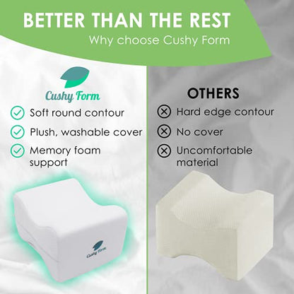  Cushy Form Knee Pillow For Side Sleepers - Standard Orthopedic Wedge Leg Pillow For Sleeping And Hip & Lower Back Pain - Contour Memory Foam Cushion For Pregnancy, Washable Cover & Travel Bag, White