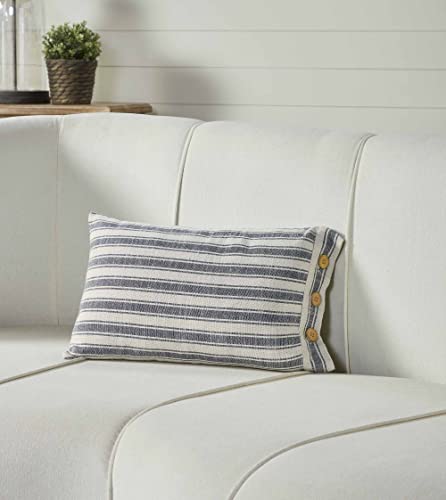  Piper Classics Market Place Blue Ticking Stripe Pillow Cover, 12" X 20", Farmhouse Décor Blue & Natural Cream W/Buttons