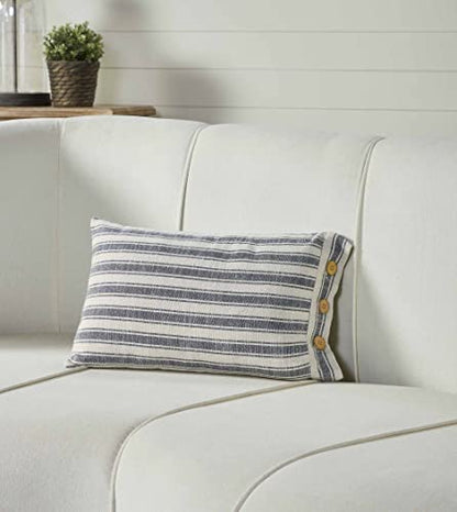  Piper Classics Market Place Blue Ticking Stripe Pillow Cover, 12" X 20", Farmhouse Décor Blue & Natural Cream W/Buttons