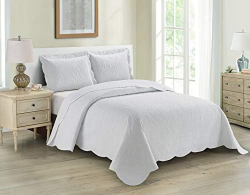  3pc Full/Queen Over Size Luxury Embossed Bedspread Set Light Weight Solid White New