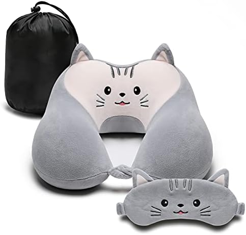  Travel Pillow For Kids And Adults, Cute Animal Memory Foam Neck Pillow With Soft Fleece Cover And Eye Mask Set, Airplane Pillow Travel Kit With Drawstring Organizer Bag, Machine Washable (Puppy)