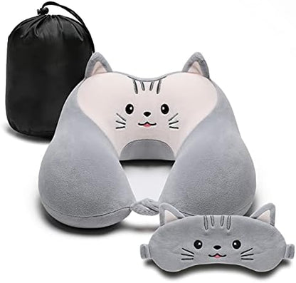  Travel Pillow For Kids And Adults, Cute Animal Memory Foam Neck Pillow With Soft Fleece Cover And Eye Mask Set, Airplane Pillow Travel Kit With Drawstring Organizer Bag, Machine Washable (Puppy)