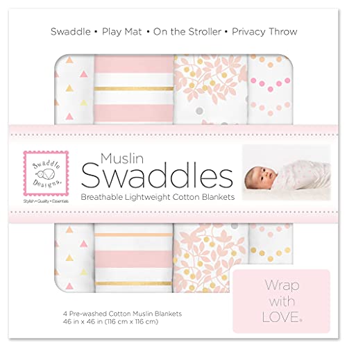  SwaddleDesigns Cotton Muslin Swaddle Blankets, Set Of 4, Pastel Pink Butterflies And Posies, 46x46 Inch (Pack Of 4)